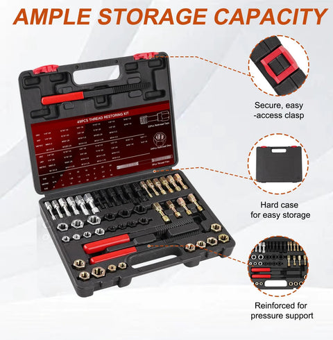 Marvelity 49-piece thread chaser and repair kit in a black case with red latches; taps, dies and files for UNC/UNF/metric bolts