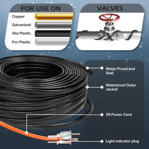 Pipe Heating Cable For Freeze Protection Keeps Water Flowin In Metal And Plastic Pipes 120V 5W Per Ft 50 Ft with features labeled