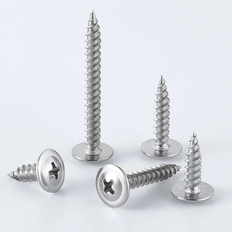 Heavy Duty Two Hundred Piece Set Of Number Eight By One Inch Quarter Phillips Truss Head Wood Screws Made From Forty Ten Stainless Steel showing five various screws.