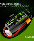Beefy 4S LiPo Battery 2200mAh 14.8V 35C With XT60 Connector dimensions 76mm x 35mm x 33mm, weighs 176g