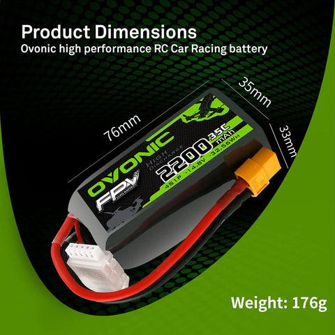 Beefy 4S LiPo Battery 2200mAh 14.8V 35C With XT60 Connector dimensions 76mm x 35mm x 33mm, weighs 176g