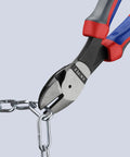 High Leverage Angled Diagonal Cutter 8 Inch with Comfort Grip Handles cutting a metal chain, showcasing tool strength