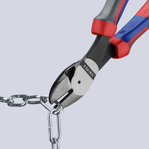 Pro Grade High Leverage Angled Diagonal Cutters, 8 Inch, 12 Degree Angled Jaw cutting metal chain, showcasing comfort grip and multi-component build.