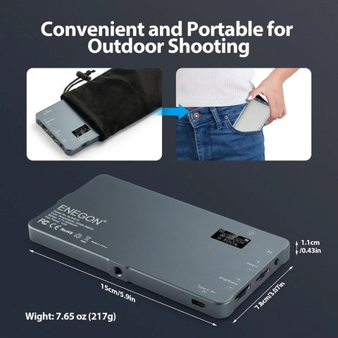 Rechargeable 4000mAh Mountable Bicolor LED Video Light fits in pocket for portability.