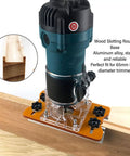 Top Tier Aluminum Wood Trimmer Router Base With Adjustable Slotting Bracket Drops Right In For Butter Smooth Routing And Reliable Cuts On Lumber Fits 65 Mm Bore Accepts 6 To 56 Mm Shafts on a stable wooden surface.
