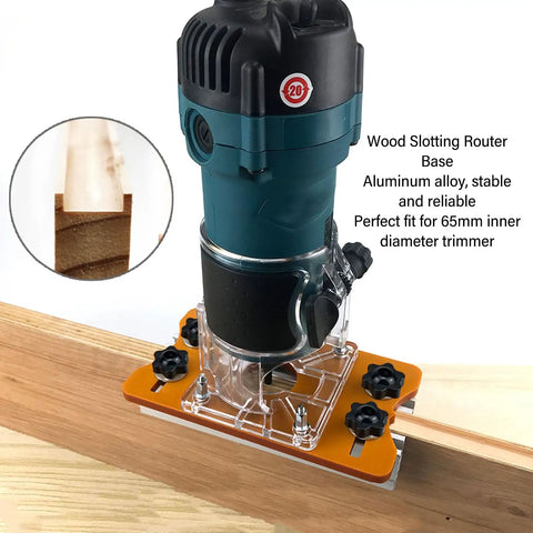 Top Tier Aluminum Wood Trimmer Router Base With Adjustable Slotting Bracket Drops Right In For Butter Smooth Routing And Reliable Cuts On Lumber Fits 65 Mm Bore Accepts 6 To 56 Mm Shafts on a stable wooden surface.