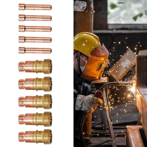 Pro Grade 10 Piece TIG Gas Lens Kit For WP-17 WP-18 WP-26 Welding Torch with 3/32 Inch Collets displayed beside welder