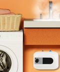 Slick Electric Mini-Tank Water Heater with Totally Sick Instant Hot Water on Tap for a Badass Under Sink setup next to washer.