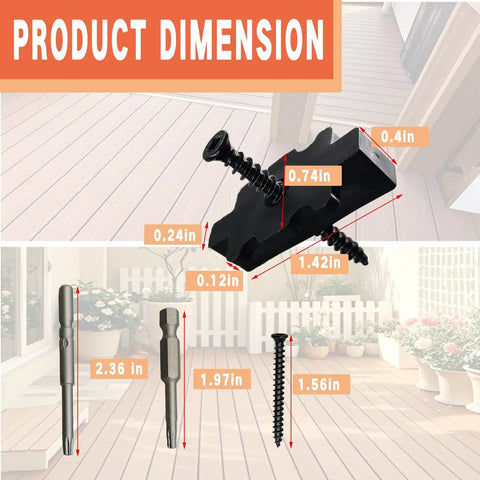 500 Pack Rock Solid Hidden Deck Fasteners For Composite Board With Stainless Steel Screws And Universal Nylon Hideaway Clips For A Slick Ultra Clean Wood Deck Build product dimensions showing fasteners and screws sizes.