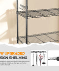 Beefy 5 Tier Heavy Duty Metal Rolling Shelving Unit With Wheels And 8 Hooks 1750 Lbs Total Capacity Adjustable Garage Wire Racks Ideal For Kitchen Bathroom Pantry Or Industrial Storage 36 W x 14 D x 72 H Black, side view with hooks