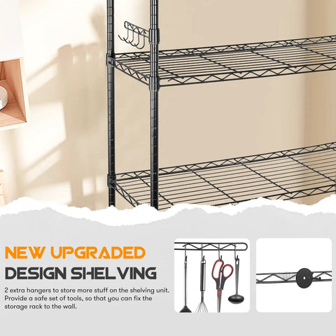Beefy 5 Tier Heavy Duty Metal Rolling Shelving Unit With Wheels And 8 Hooks 1750 Lbs Total Capacity Adjustable Garage Wire Racks Ideal For Kitchen Bathroom Pantry Or Industrial Storage 36 W x 14 D x 72 H Black, side view with hooks
