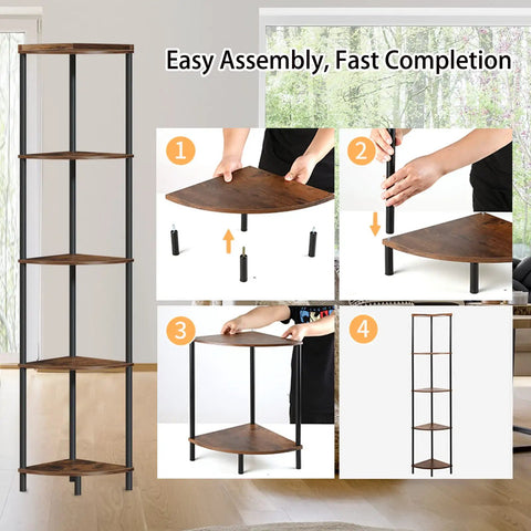Five Tier Corner Shelving Unit Super Sturdy Storage Rack with easy assembly steps and sleek design shown in living space.