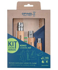 Nomad Camping Kitchen Utensil Kit With Serrated No 12 Folding Knife No 10 Corkscrew Knife No 6 Peeler And Cutting Board in package.