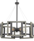 Rustic 24 Inch 5 Light Farmhouse Chandelier With Adjustable Hanging Height In Gray Oak Wood Look And Sandblasted Black Finish