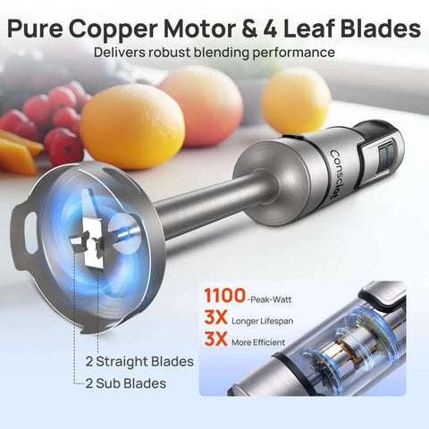 Handheld Immersion Blender With Robust 1100 Watt Motor And 21 Speed Settings Plus Turbo Mode Crushes Soups And Smoothies While Being The Real Deal Kitchen Workhorse That Delivers Results with stainless steel shaft and 4 leaf blades.