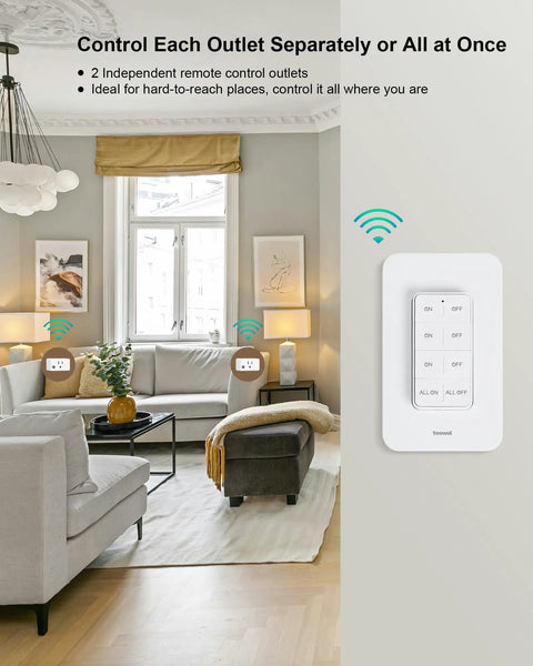 Remote Control Outlet With Wireless Wall Switch Plug And Play Setup Two Independent Outlets in modern living room setting