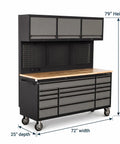 Heavy Duty Rolling Tool Chest Featuring 14 Lockable Drawers And Three Secure Cabinets Built For Serious Garage Organization And No Nonsense Shop Stash, 79in height, mobile with pegboard.