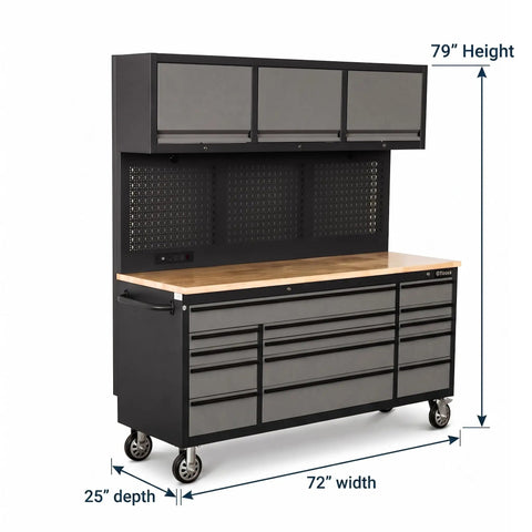 Heavy Duty Rolling Tool Chest Featuring 14 Lockable Drawers And Three Secure Cabinets Built For Serious Garage Organization And No Nonsense Shop Stash, 79in height, mobile with pegboard.
