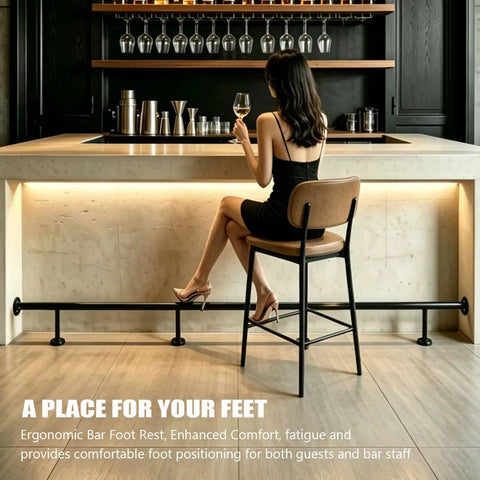 Heavy Duty Stainless Steel Bar Foot Rails And Kick Rack Brackets For Island Kitchens, Beefy Rustproof Footrest Holders sitting at a bar.