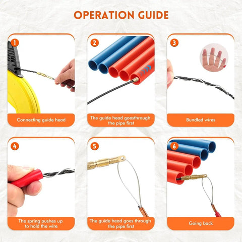 Operation guide for Heavy Duty 164 Foot Fiberglass Fish Tape Cable Puller Kit Featuring A Spring Drum Reel And Non Conductive Core.