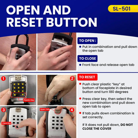 Instructional guide for resetting the Outdoor Key Lock Box With Keypad Digital Push Button Combination Lock Portable Shackle Safe Box