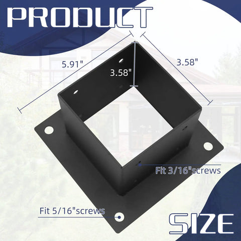 Heavy Duty 4x4 Post Base Anchors for Deck Fence and Pergola, Steel Brackets With Black Coated Finish, Anti Corrosion, Includes Screws, 4 Pack, Inner Size 3.58 Inches, Ideal for Deck Railing; showing dimensions.