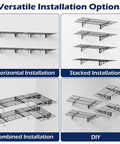 Beefy Heavy Duty Garage Wall Shelves Set, 2x6 Ft Metal Storage Racks showing four installation options with hooks