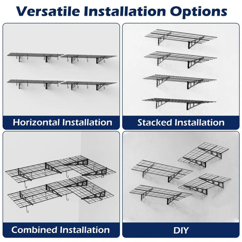 Beefy Heavy Duty Garage Wall Shelves Set, 2x6 Ft Metal Storage Racks showing four installation options with hooks