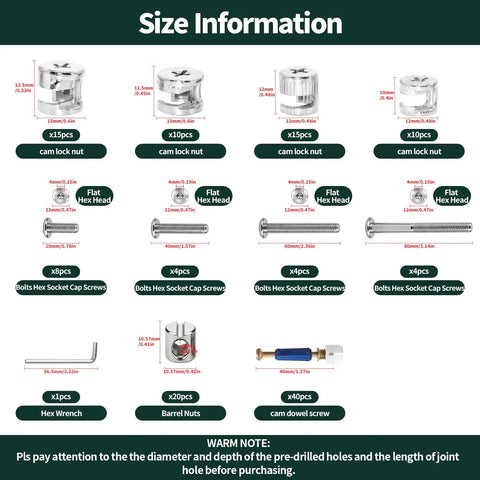 All In One 121 Piece Furniture Hardware Kit With M6 Bolts In 20 40 60 And 80 Millimeter Sizes includes cam lock nuts and screws.