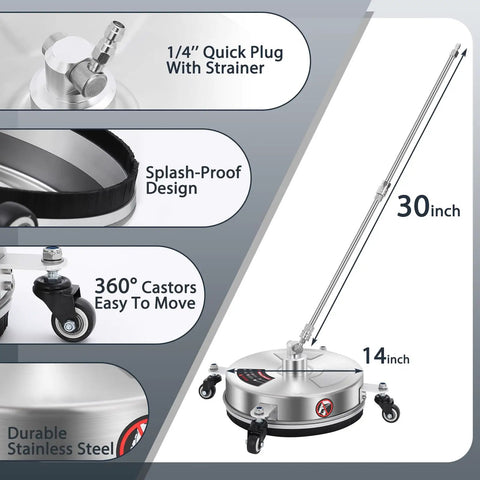 14 Inch Pressure Washer Surface Cleaner With Four Wheels And Quick Plug Stainless Steel Housing 4000 PSI Heavy Duty Attachment
