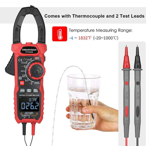 Inrush Clamp Meter 1000A True RMS AC DC Current Meter with VFD LOZ Mode shown with thermocouple measuring water temperature