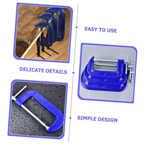 Built Tough 4 Inch Woodworking G Clamp with Quick Release C Clamp in blue, shown in various views, for desk mounting and even pressure.