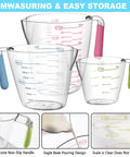 Three plastic liquid measuring cups with colorful handles from the 20 Piece Measuring Cups And Spoons Set For Cooking And Baking Gadgets Includes 7 Stainless Steel Cups 6 Spoons 3 Plastic Liquid Cups A Leveler And Easy Conversion Tool For Pro Grade Accurate Recipes.