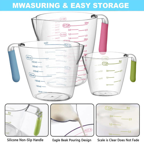 Three plastic liquid measuring cups with colorful handles from the 20 Piece Measuring Cups And Spoons Set For Cooking And Baking Gadgets Includes 7 Stainless Steel Cups 6 Spoons 3 Plastic Liquid Cups A Leveler And Easy Conversion Tool For Pro Grade Accurate Recipes.