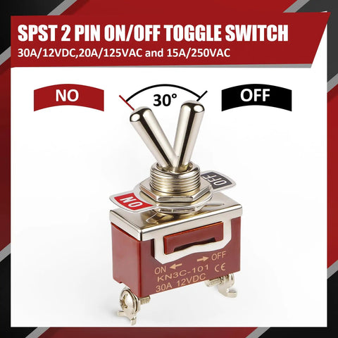 Close-up of Waterproof 12V 30A SPST Toggle Switch 2 Pin On Off Tough As Nails Marine Automotive Boat Truck Electrical