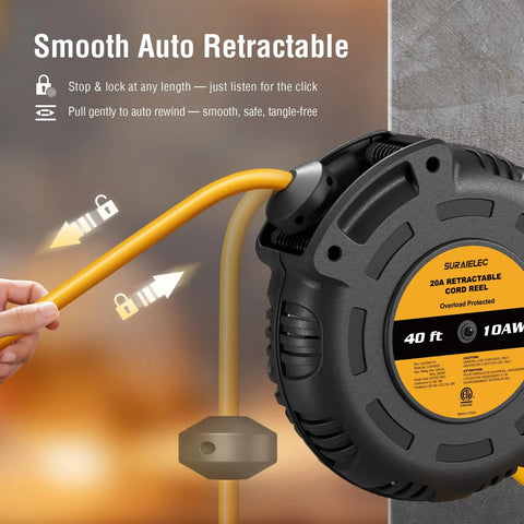 Heavy Duty 40 Foot 10 Gauge Retractable Extension Cord Reel 20A 125V SJTOW Power Cord ETL Listed With NEMA 5 15R And 5 20R Receptacles Built Tough For Generators Welders Saws Vacuums Heaters And Heavy Tools, auto retractable reel