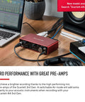 Scarlett 4i4 3rd Gen USB Audio Interface on desk with laptop and headphones for songwriting and streaming