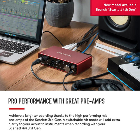 Scarlett 4i4 3rd Gen USB Audio Interface on desk with laptop and headphones for songwriting and streaming
