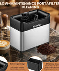 Automatic Electric Portafilter Puck Cleaner With Scrapers And Brush Heads For 51MM And 58MM Espresso Machines on countertop with coffee grounds.