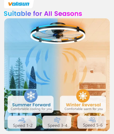 Sleek 24 Inch RGB Ceiling Fan With Built In Lights And Wireless Remote showing summer cooling and winter heating modes.