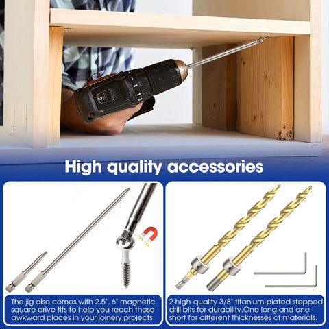 All Metal Pocket Hole Jig Drill Guide Kit For 15 Degree Angled Holes Laser Etched Woodworking Screw Template used with drill for projects.