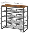 Five Tier Shoe Rack Organizer For Entryway With Adjustable Tilt And Feet Holds 16 Through 20 Pairs Rustic Brown And Black Space Saver For Front Door Garage Or Closet Durable Particleboard And Metal, front view with measurements.