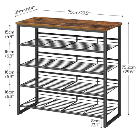 Five Tier Shoe Rack Organizer For Entryway With Adjustable Tilt And Feet Holds 16 Through 20 Pairs Rustic Brown And Black Space Saver For Front Door Garage Or Closet Durable Particleboard And Metal, front view with measurements.