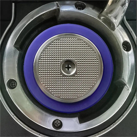 Top view of a stainless steel shower screen seal with purple ring for Kick Your Espresso Game Up With This Top Shelf Group Head Shower Screen Seal For Dual Boiler Oracle Touch Espresso Machines BES900XL BES920XL BES980XL BES990 Leak Proof Replacement Filter Upgrade.