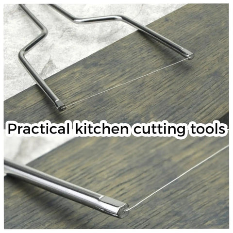 Three Pack Butter Line Cutting Machine Handheld Cheese Cutter Set, Stainless Steel Wire Slicer on wooden surface