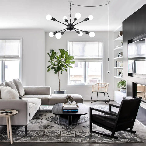 Eight Light Sputnik Chandelier In Brushed Nickel, Modern Industrial Ceiling Light Fixture for living room with dark accents
