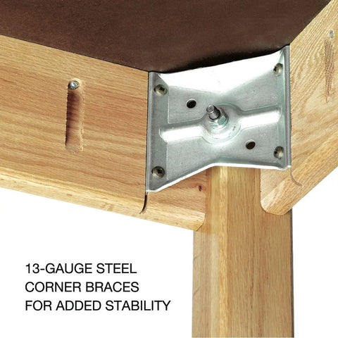 Corner braces on Solid Heavy Duty Student Workshop Table With Four Built In Bench Vises And Spacious Lower Shelf, Light Hardwood Working Platform.