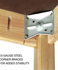 Solid As A Rock 4 Station Wood Workbench With Dual Vises And 64 By 54 Inch Spread showing 13-gauge steel corner braces for stability.