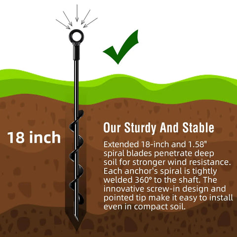 Diagram of Heavy Duty 18 Inch Screw In Ground Anchor with 1.58 in spiral blade for secure setup in soil.