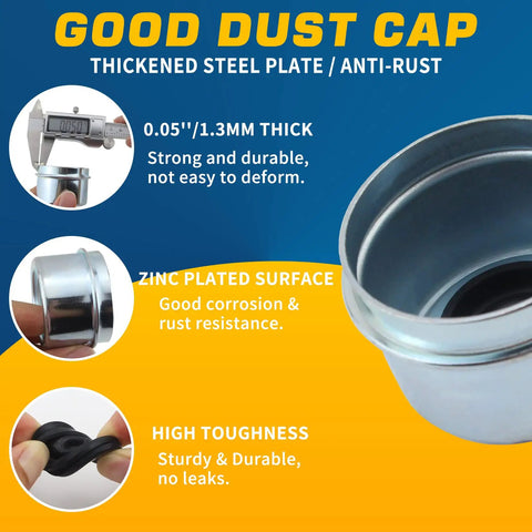 Close-up of dust cap features from Trailer Axle Nut Kit For 1 Inch Shafts, 2 Pack, with thickness, zinc plating, and toughness details.